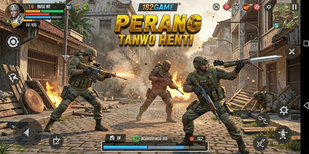 Tangkapan layar menunjukkan aksi dramatis di 182GAME dengan grafis yang memukau.