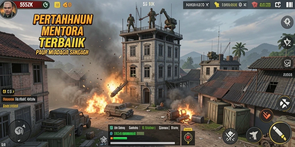 Screenshot utama 555ZK menampilkan aksi menengah pertempuran Tower Defense.