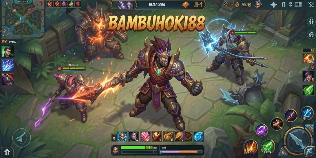 Screenshot gameplay BAMBUHOKI88 dengan pertarungan tim yang intens.
