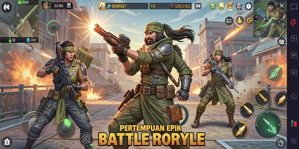 Screenshot utama DEWI567 menampilkan momen intens dalam pertempuran Battle Royale.