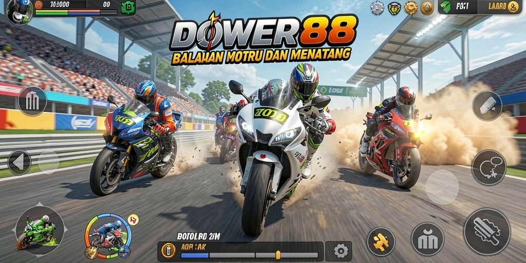 Gameplay menegangkan di DOWER88 dengan balapan motor cepat.