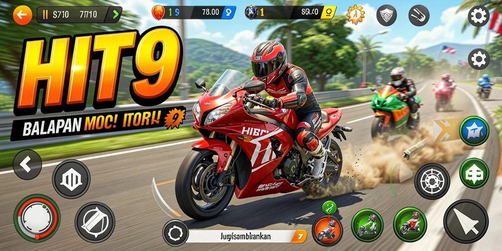 Screenshot gameplay HIT9 dengan aksi balapan motor yang seru dan mendebarkan.