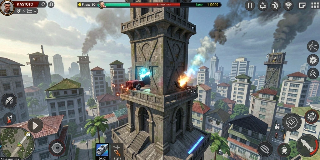 Tampilan gameplay KASTOTO menampilkan menara bertahan melawan gelombang musuh.