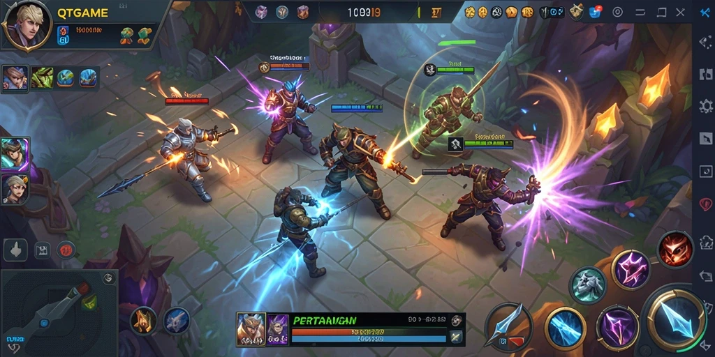 Tangkapan layar utama QTGAME menunjukkan aksi seru dari gameplay MOBA.